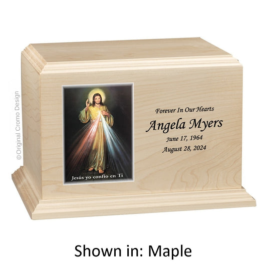 Catholic cremation urn with Divine Mercy Spanish  Wood finish by Cromo NB