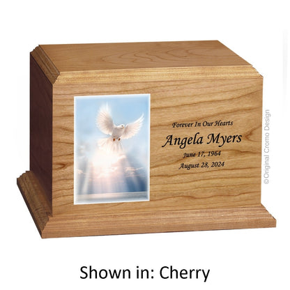 Catholic cremation urn with Divine Mercy Spanish  Wood finish by Cromo NB