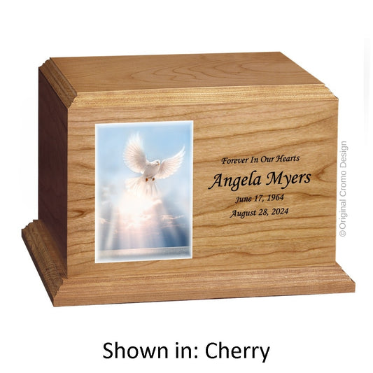 Catholic cremation urn with Divine Mercy Spanish  Wood finish by Cromo NB
