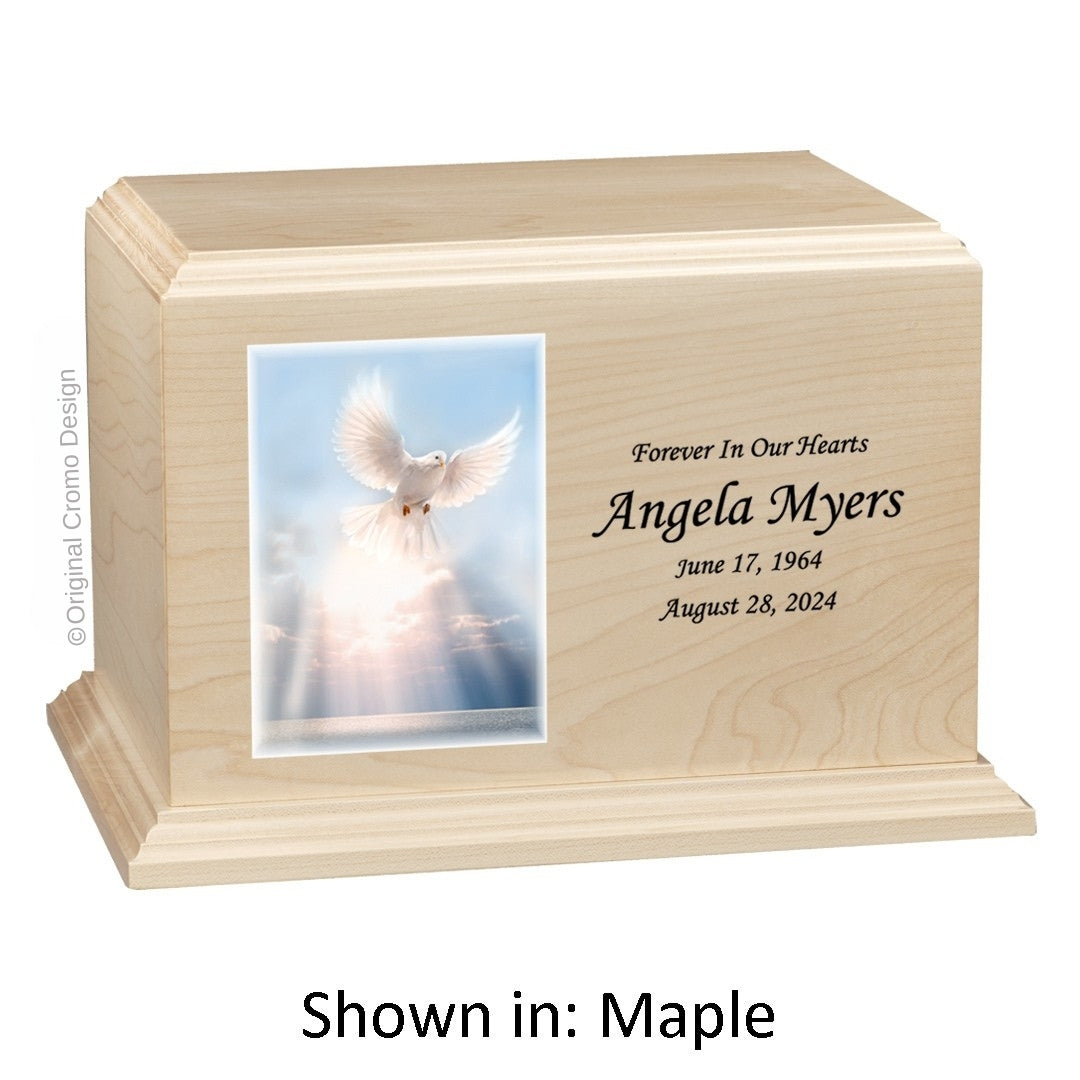 Catholic cremation urn with White Dove  Wood finish by Cromo NB