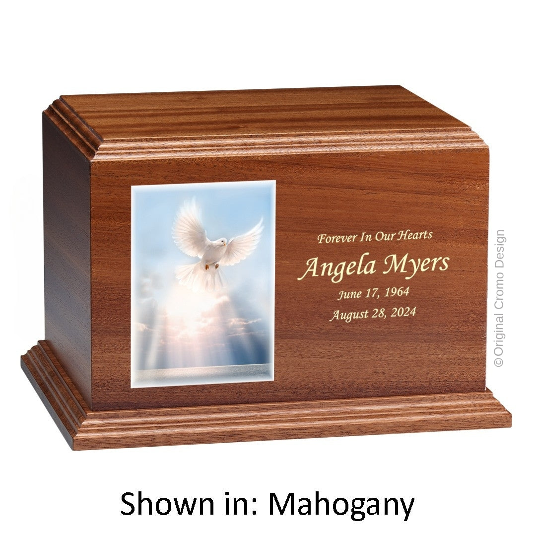 Catholic cremation urn with White Dove  Wood finish by Cromo NB