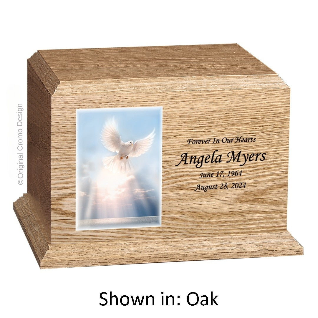Catholic cremation urn with White Dove  Wood finish by Cromo NB