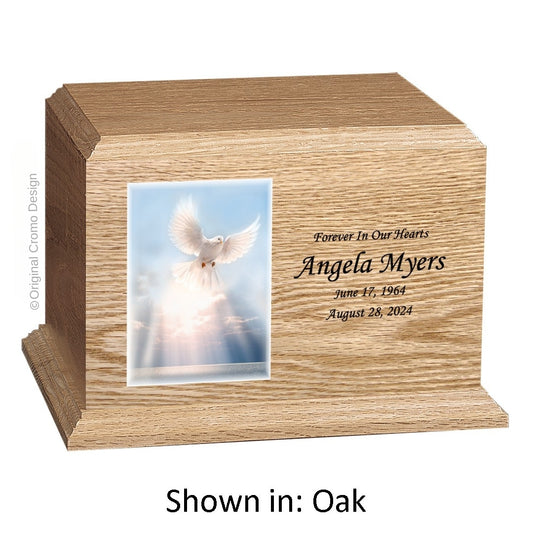 Catholic cremation urn with White Dove  Wood finish by Cromo NB