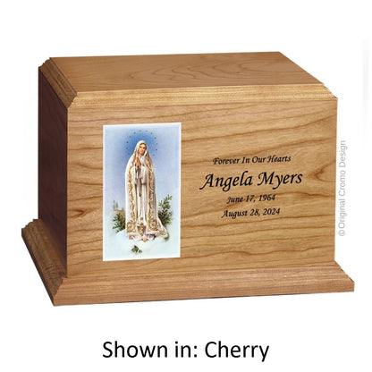 Catholic cremation urn with White Dove  Wood finish by Cromo NB
