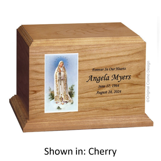 Catholic cremation urn with White Dove  Wood finish by Cromo NB