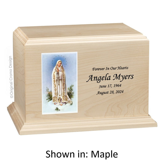 Catholic cremation urn with Our Lady of Fatima  Wood finish by Cromo NB
