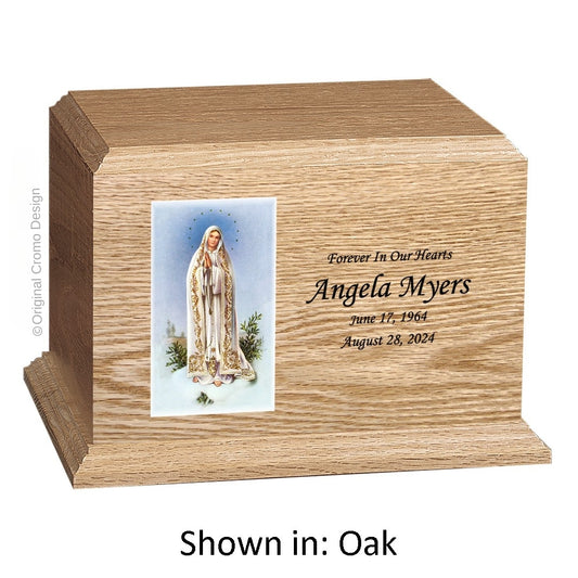Catholic cremation urn with Our Lady of Fatima  Wood finish by Cromo NB