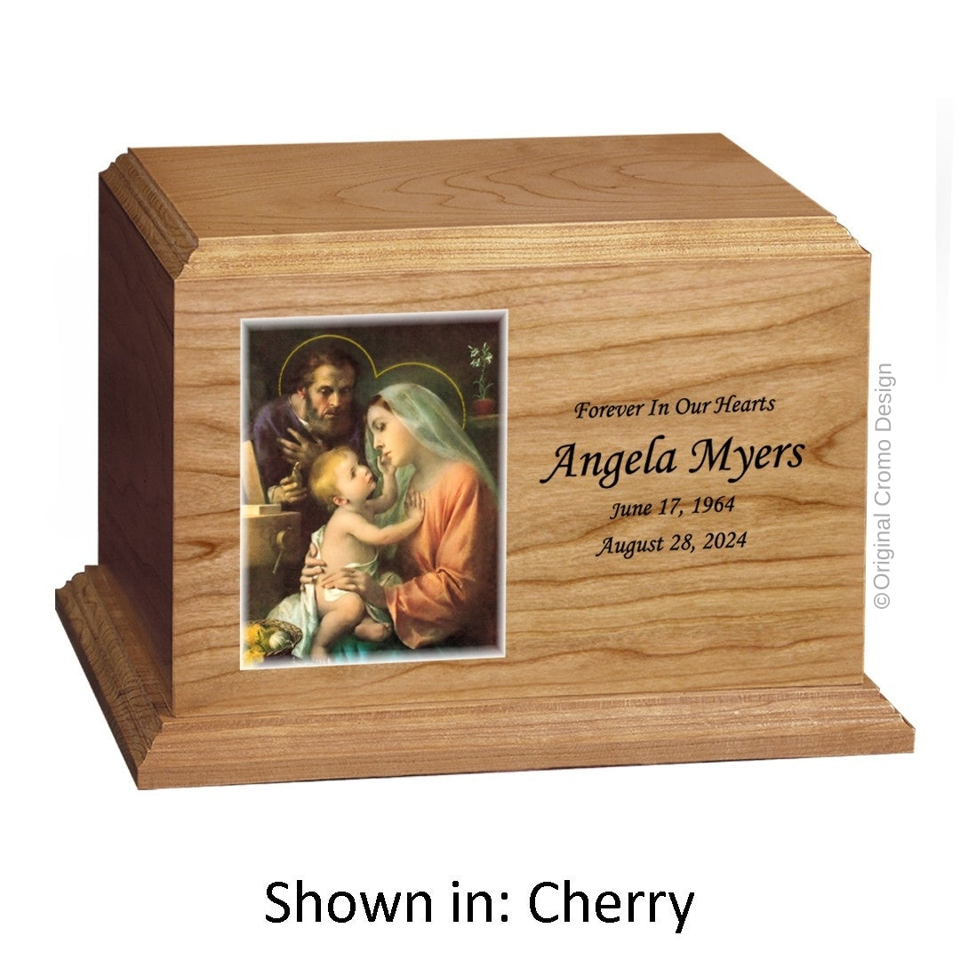 Catholic cremation urn with Our Lady of Guadalupe  Wood finish by Cromo NB