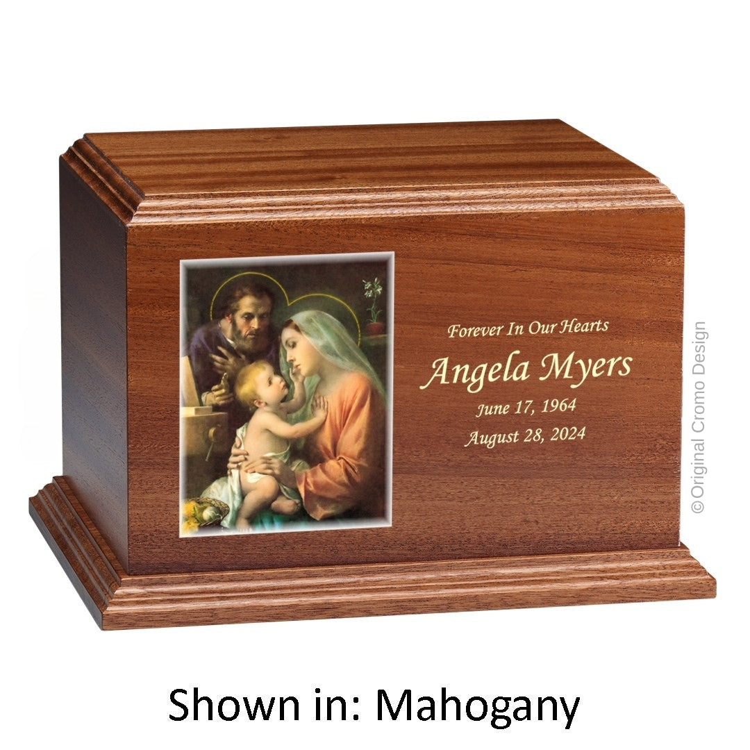 Catholic cremation urn with Holy Family  Wood finish by Cromo NB