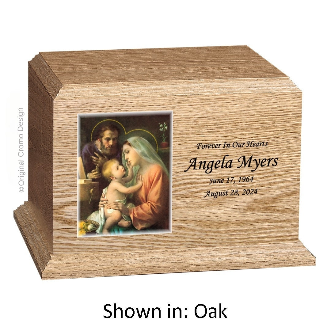 Catholic cremation urn with Our Lady of Guadalupe  Wood finish by Cromo NB