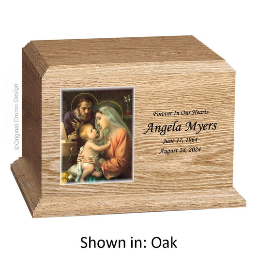 Catholic cremation urn with Our Lady of Guadalupe  Wood finish by Cromo NB