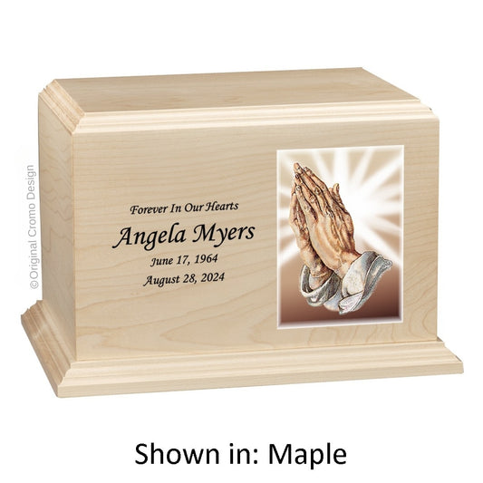 Catholic cremation urn with Praying Hands  Wood finish by Cromo NB
