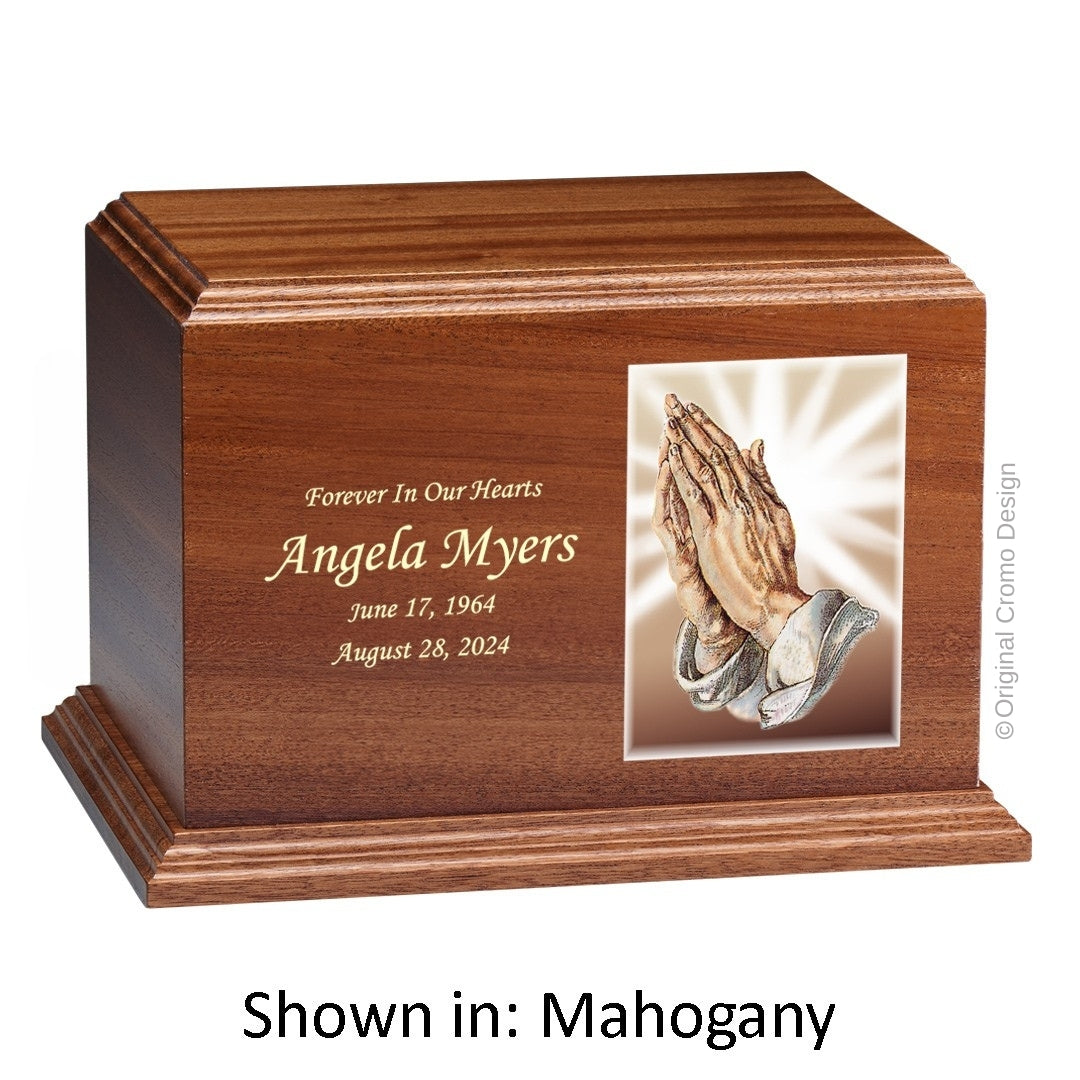 Catholic cremation urn with Praying Hands  Wood finish by Cromo NB