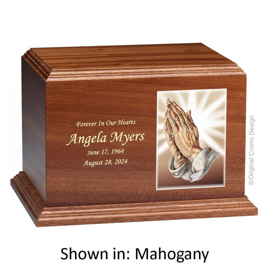 Catholic cremation urn with Praying Hands  Wood finish by Cromo NB