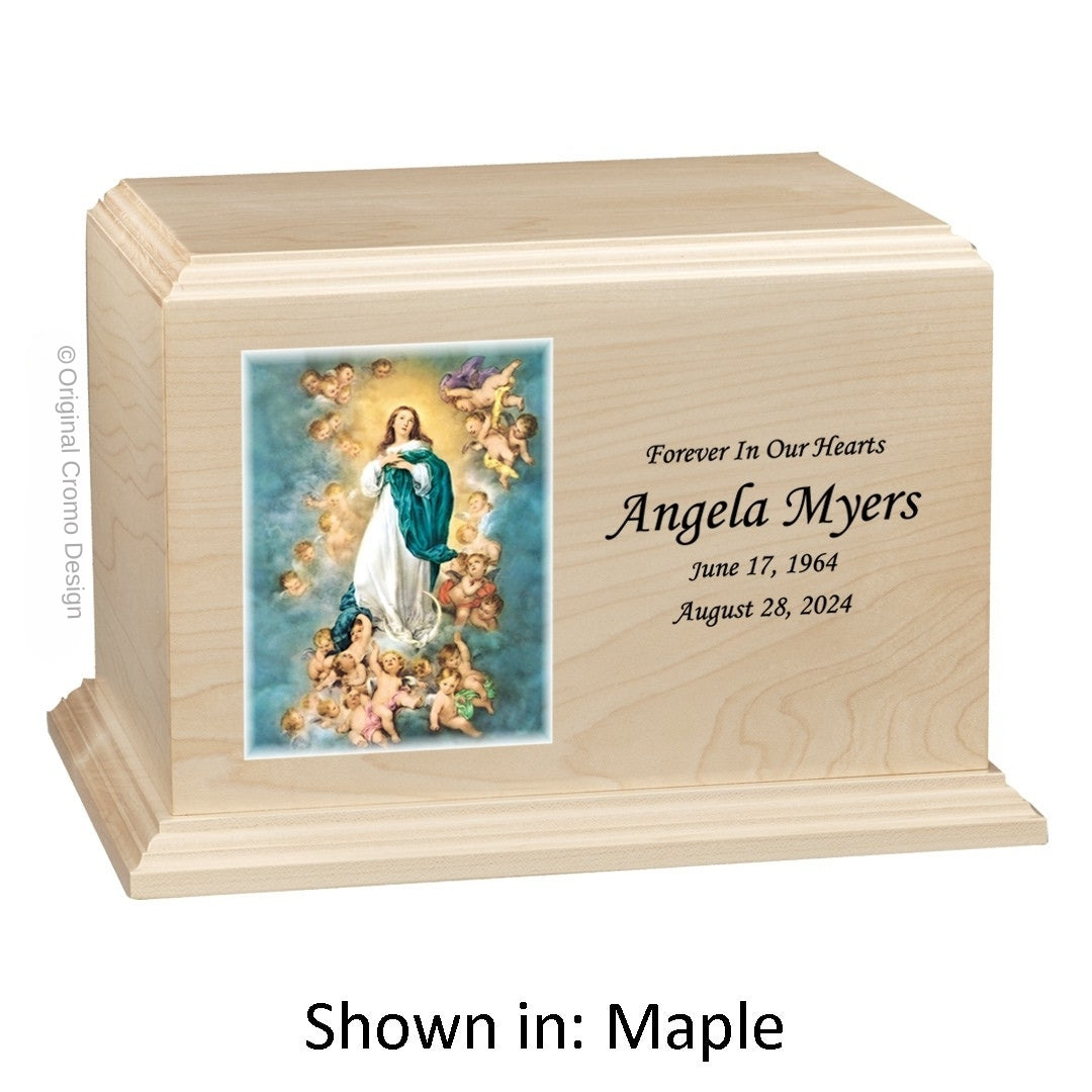 Catholic cremation urn with Immaculate Conception  Wood finish by Cromo NB