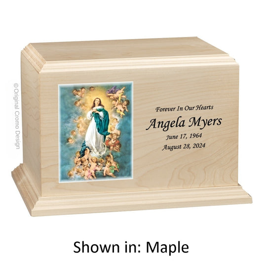 Catholic cremation urn with Immaculate Conception  Wood finish by Cromo NB