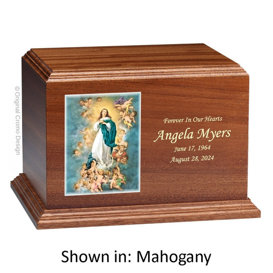 Catholic cremation urn with Immaculate Conception  Wood finish by Cromo NB