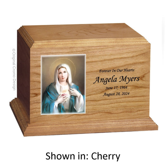 Catholic cremation urn with Immaculate Conception  Wood finish by Cromo NB