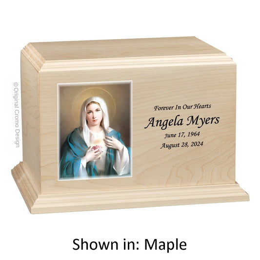 Catholic cremation urn with Immaculate Heart of Mary  Wood finish by Cromo NB