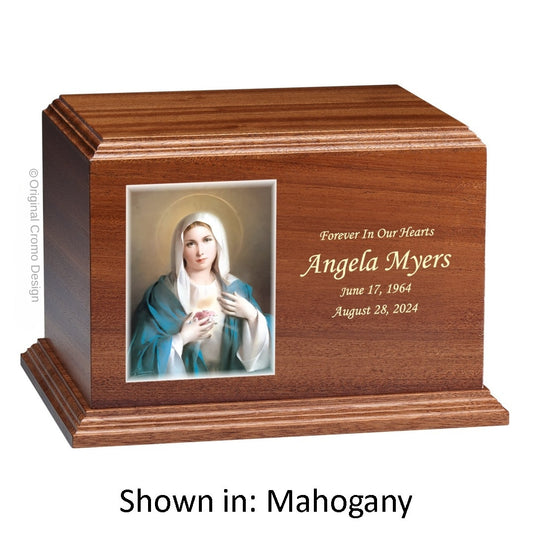 Catholic cremation urn with Immaculate Heart of Mary  Wood finish by Cromo NB