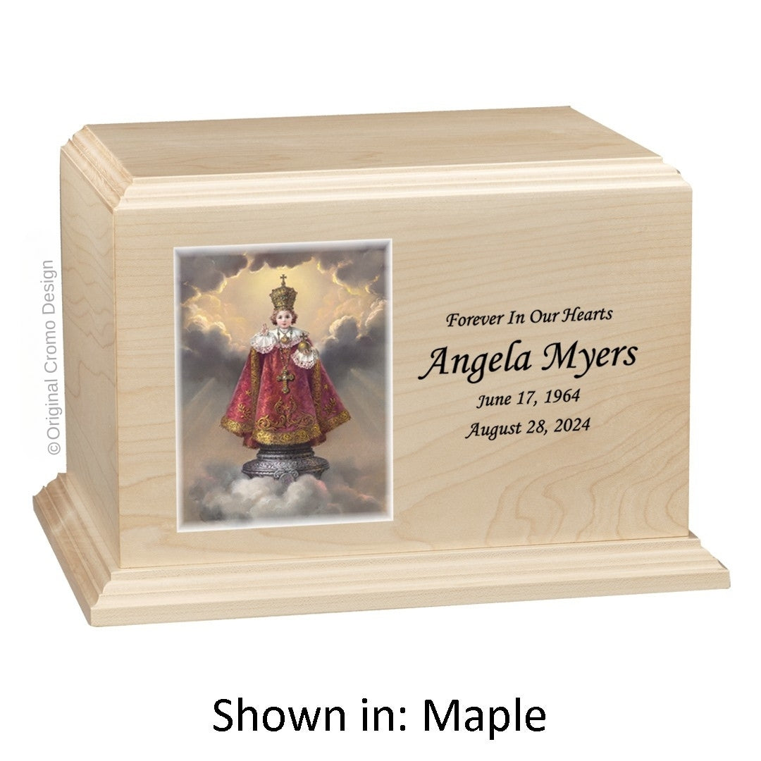 Catholic cremation urn with Infant of Prague  Wood finish by Cromo NB