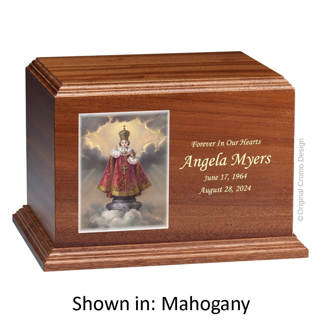 Catholic cremation urn with Infant of Prague  Wood finish by Cromo NB