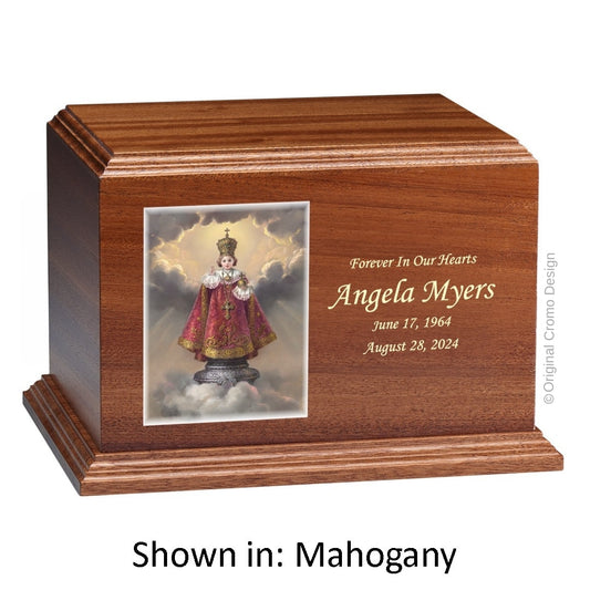 Catholic cremation urn with Infant of Prague  Wood finish by Cromo NB