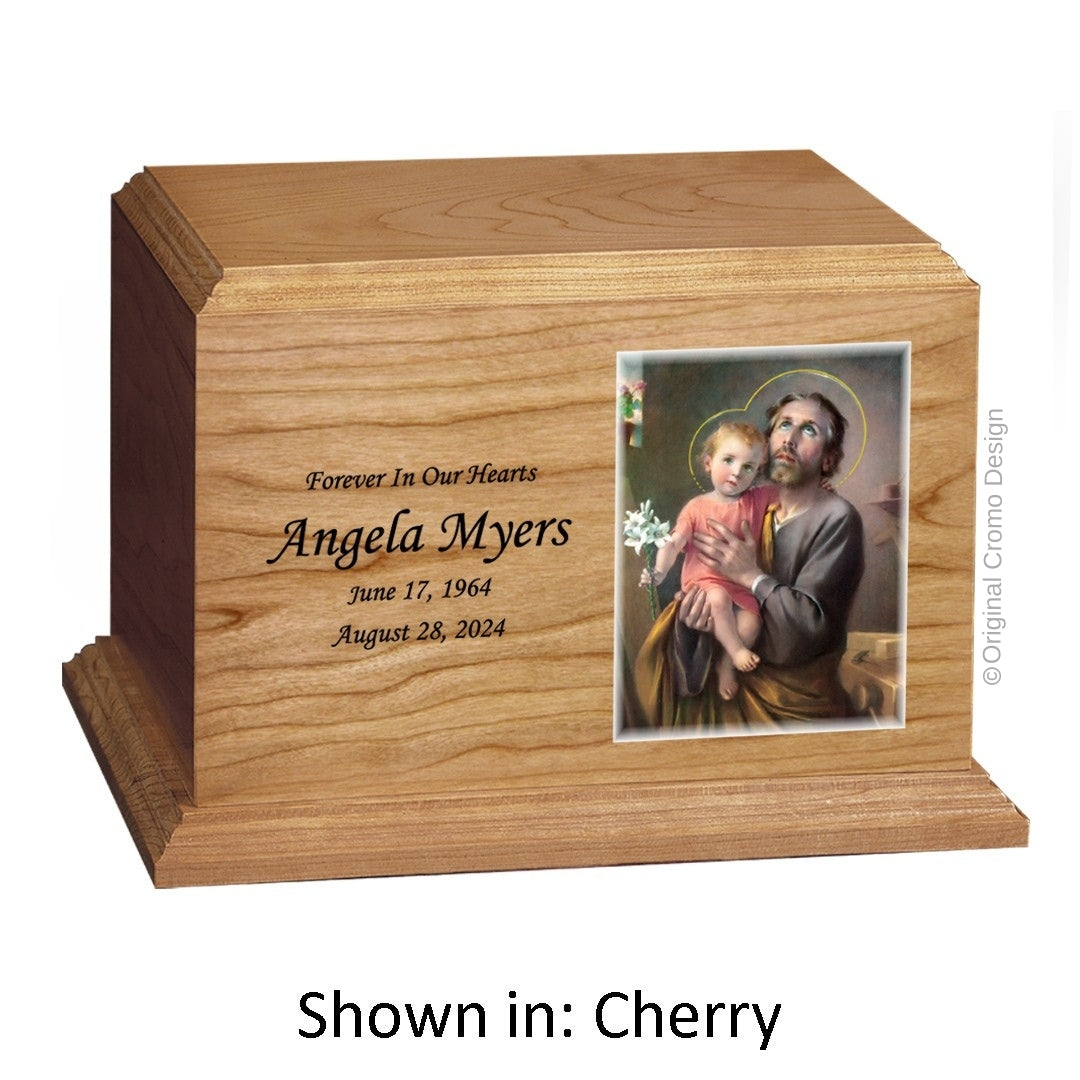 Catholic cremation urn with Our Lady of San Juan de Lagos  Wood finish by Cromo NB
