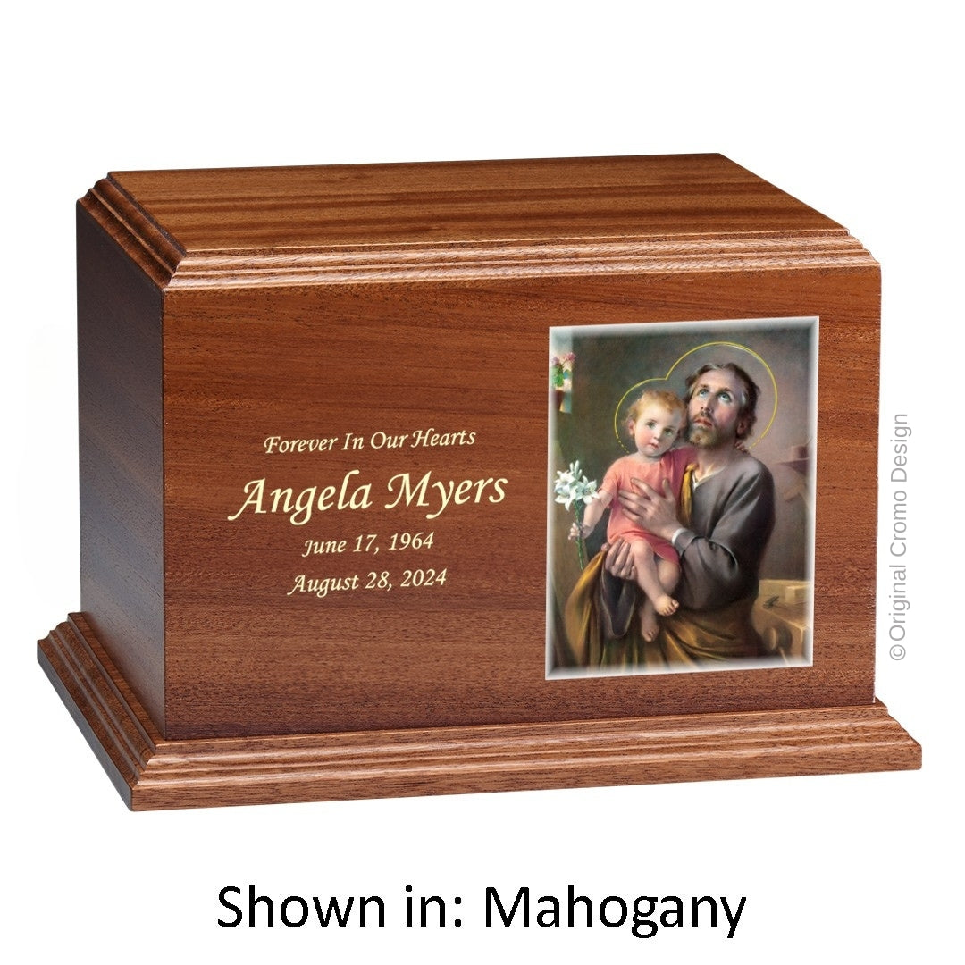 Catholic cremation urn with Saint Joseph  Wood finish by Cromo NB