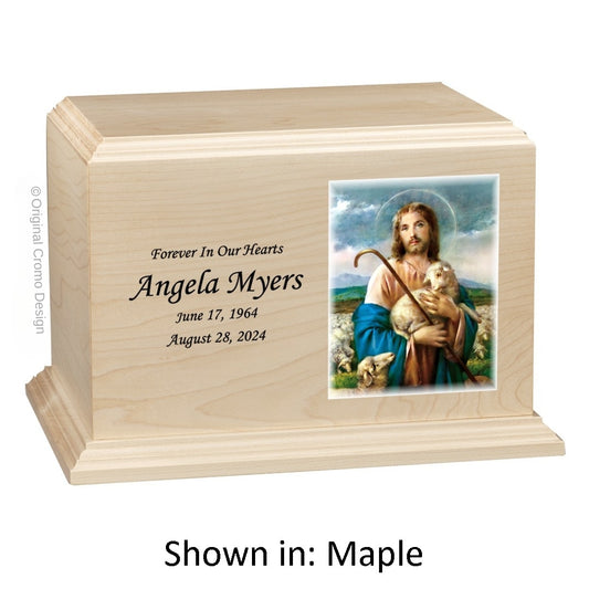 Catholic cremation urn with Jesus Shepherd  Wood finish by Cromo NB