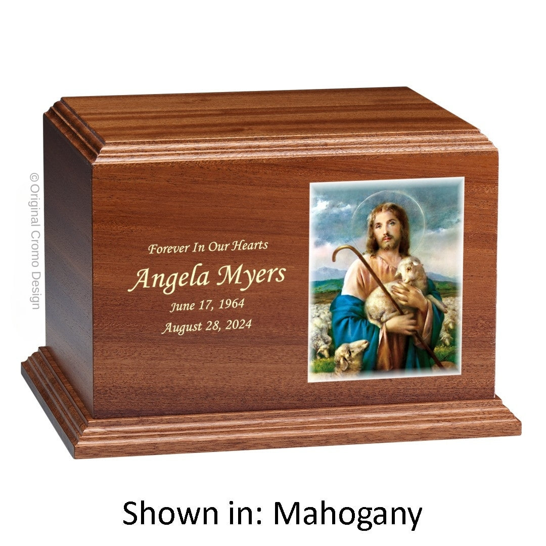 Catholic cremation urn with Jesus Shepherd  Wood finish by Cromo NB