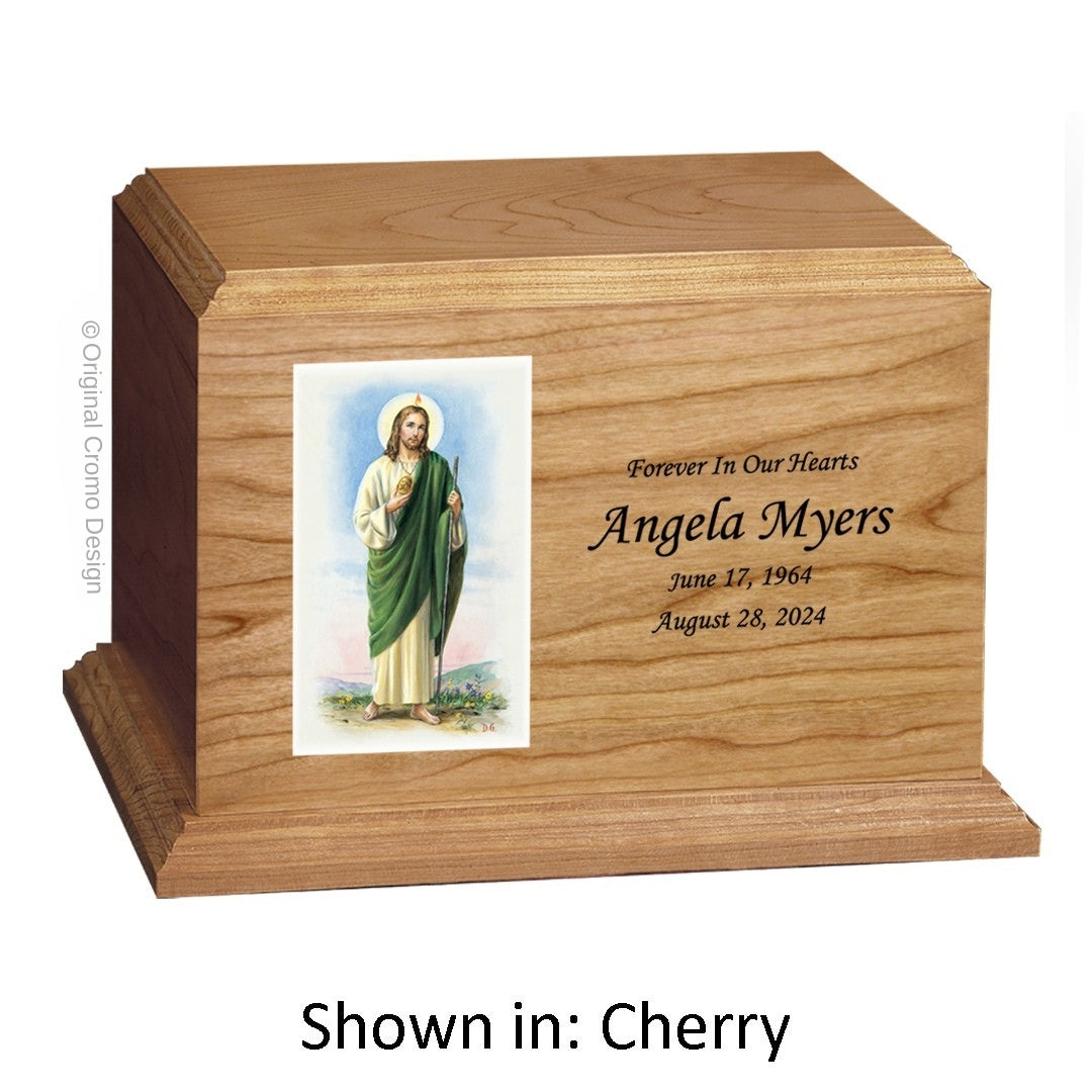 Catholic cremation urn with Jesus Shepherd  Wood finish by Cromo NB