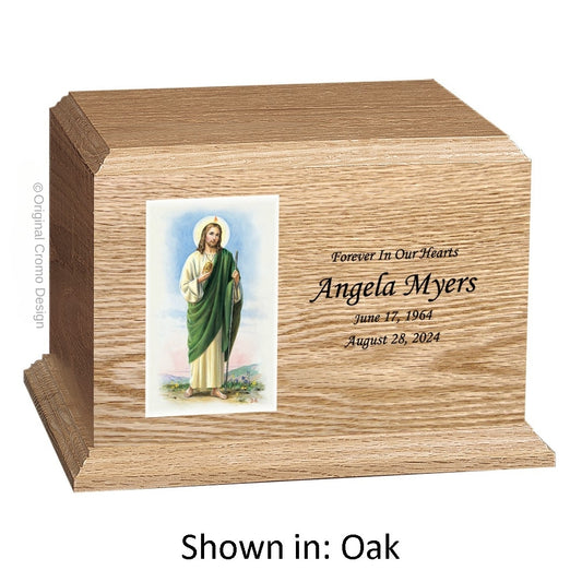 Catholic cremation urn with Jesus Shepherd  Wood finish by Cromo NB