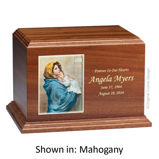 Catholic cremation urn with Our Lady of Lourdes  Wood finish by Cromo NB