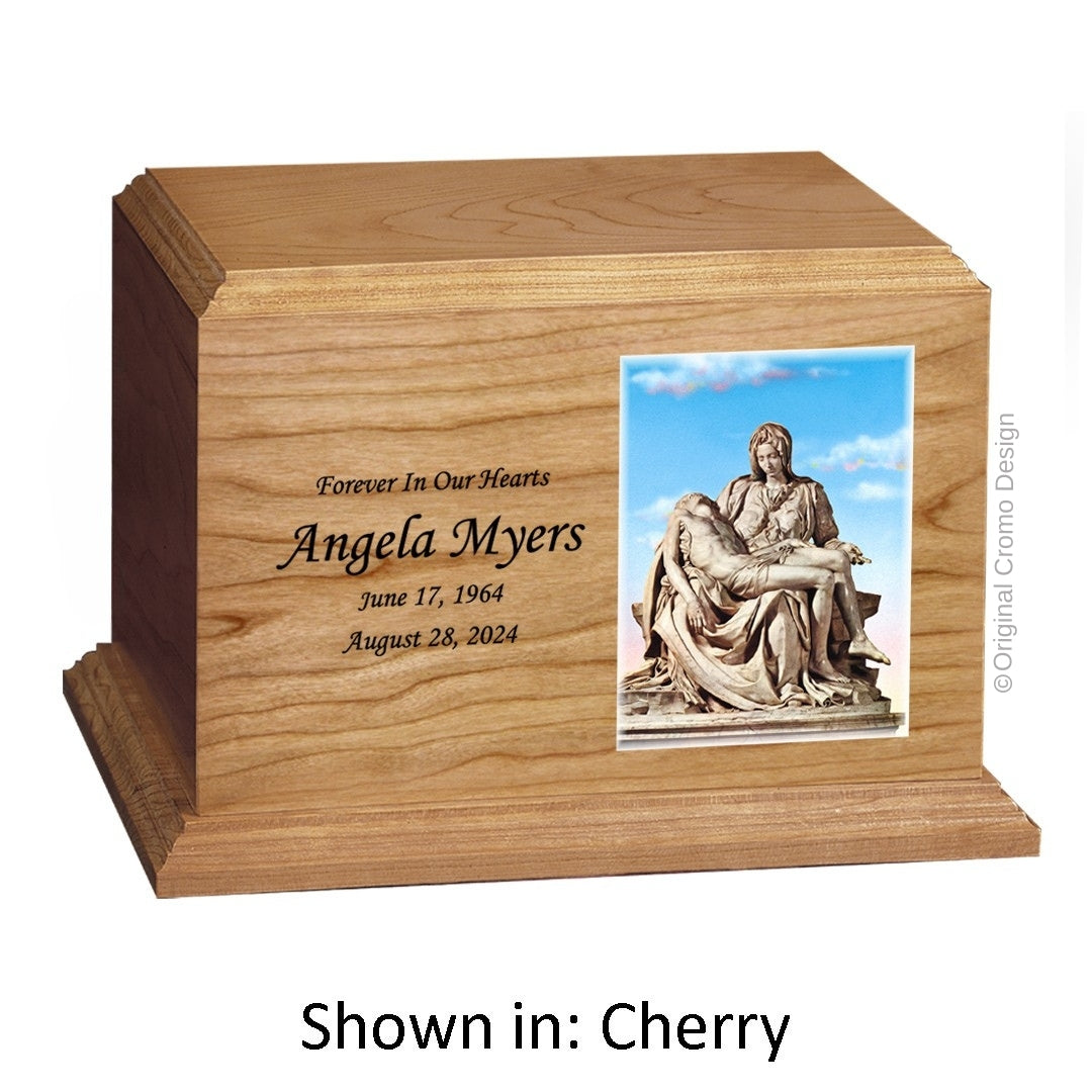 Catholic cremation urn with Our Lady of Lourdes  Wood finish by Cromo NB