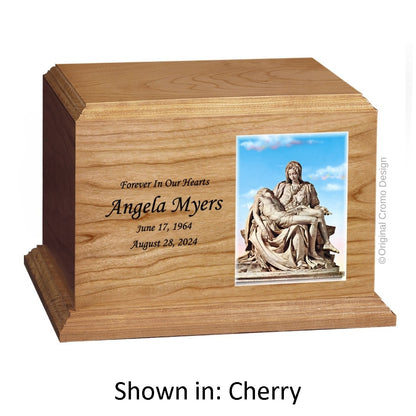 Catholic cremation urn with Our Lady of Lourdes  Wood finish by Cromo NB
