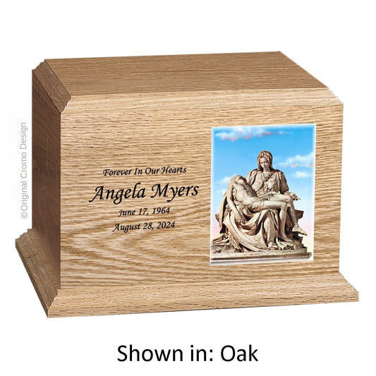 Catholic cremation urn with Our Lady of Lourdes  Wood finish by Cromo NB