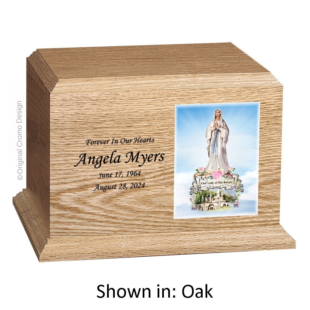 Catholic cremation urn with Madonna of The Street  Wood finish by Cromo NB