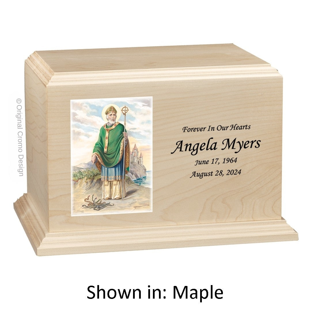 Catholic cremation urn with Saint Michael Archangel  Wood finish by Cromo NB