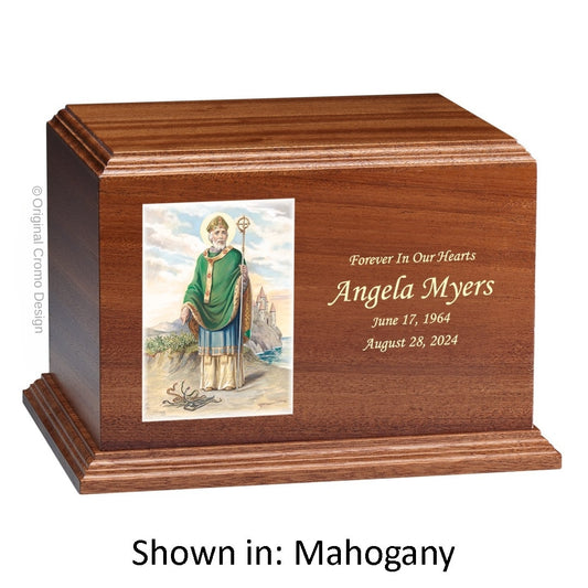 Catholic cremation urn with Saint Michael Archangel  Wood finish by Cromo NB
