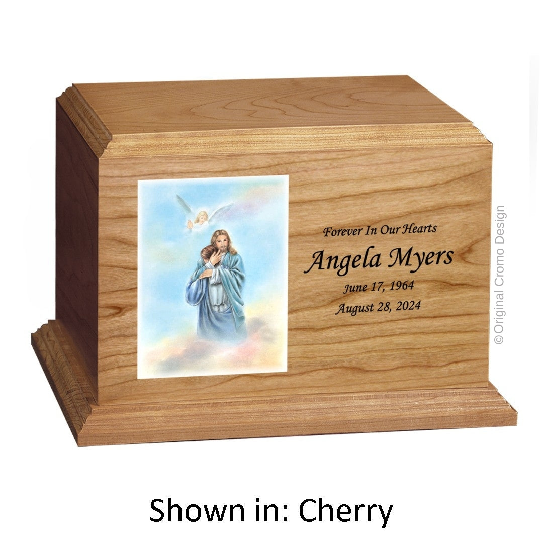 Catholic cremation urn with Saint Michael Archangel  Wood finish by Cromo NB