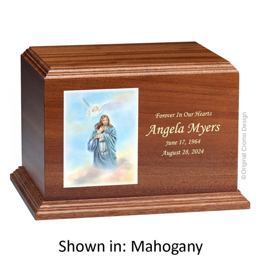 Catholic cremation urn with Our Lady of the Rosary  Wood finish by Cromo NB