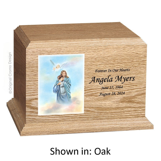 Catholic cremation urn with Saint Michael Archangel  Wood finish by Cromo NB