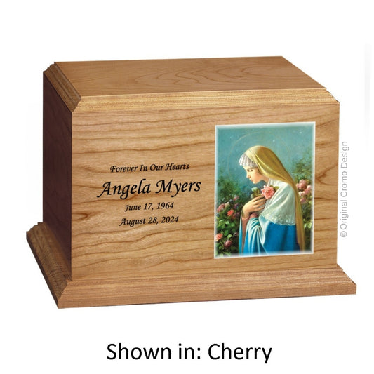 Catholic cremation urn with Our Lady of the Rosary  Wood finish by Cromo NB