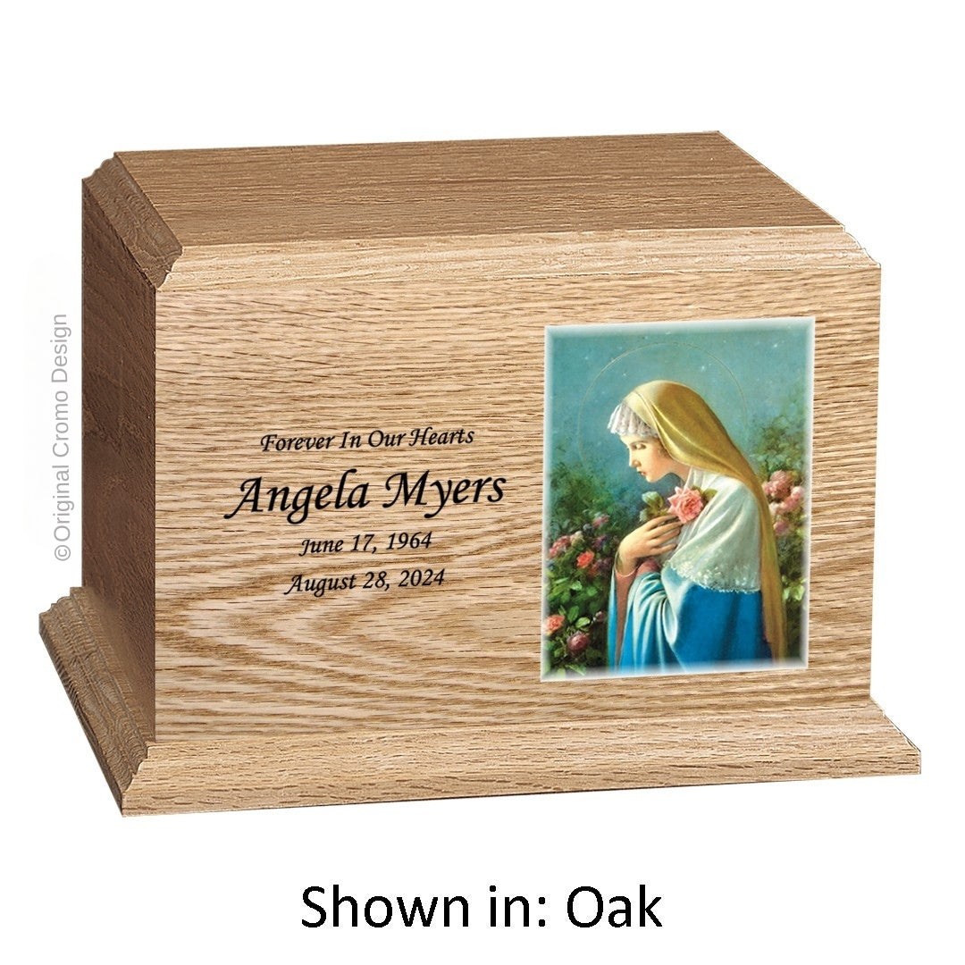 Catholic cremation urn with Our Lady of the Rosary  Wood finish by Cromo NB