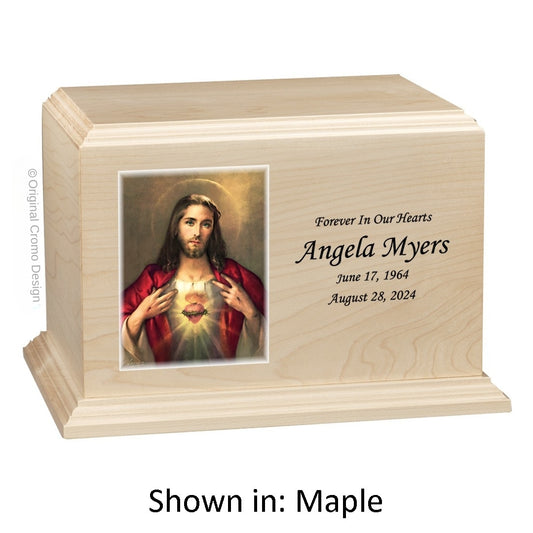 Catholic cremation urn with Paradise Jesus Hugging  Wood finish by Cromo NB