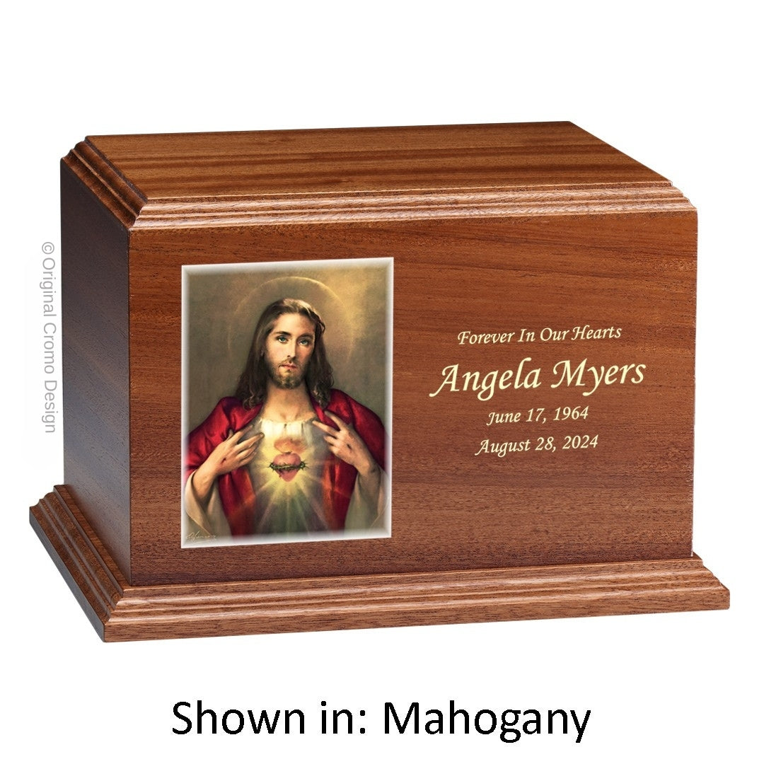 Catholic cremation urn with Paradise Jesus Hugging  Wood finish by Cromo NB