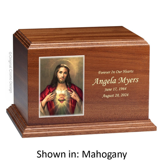 Catholic cremation urn with Paradise Jesus Hugging  Wood finish by Cromo NB