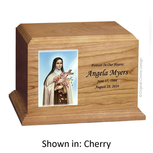 Catholic cremation urn with Paradise Jesus Hugging  Wood finish by Cromo NB