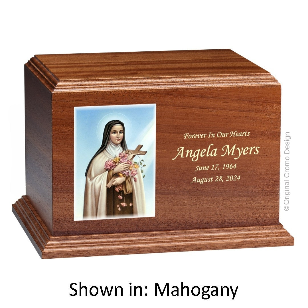 Catholic cremation urn with Mystical Rose  Wood finish by Cromo NB